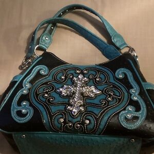 EUC Elegant Black and Teal Handbag
